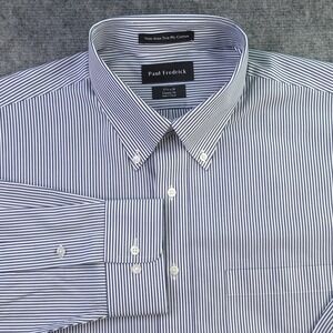 New Paul Fredrick Dress Shirt 17.5 34 Classic Fit Blue Vertical Striped Button